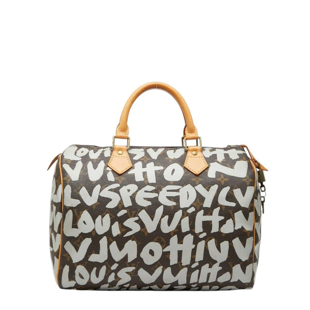 Louis Vuitton Monogram Graffiti Speedy Handbag Boston Bag Brown White Leather